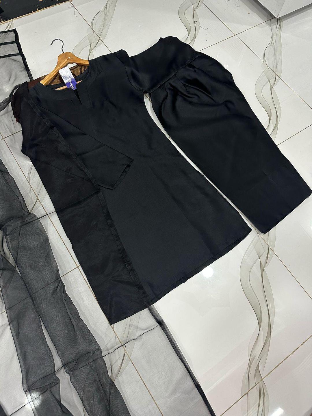 3 Pcs Women's Stitched Silk Plain Suit