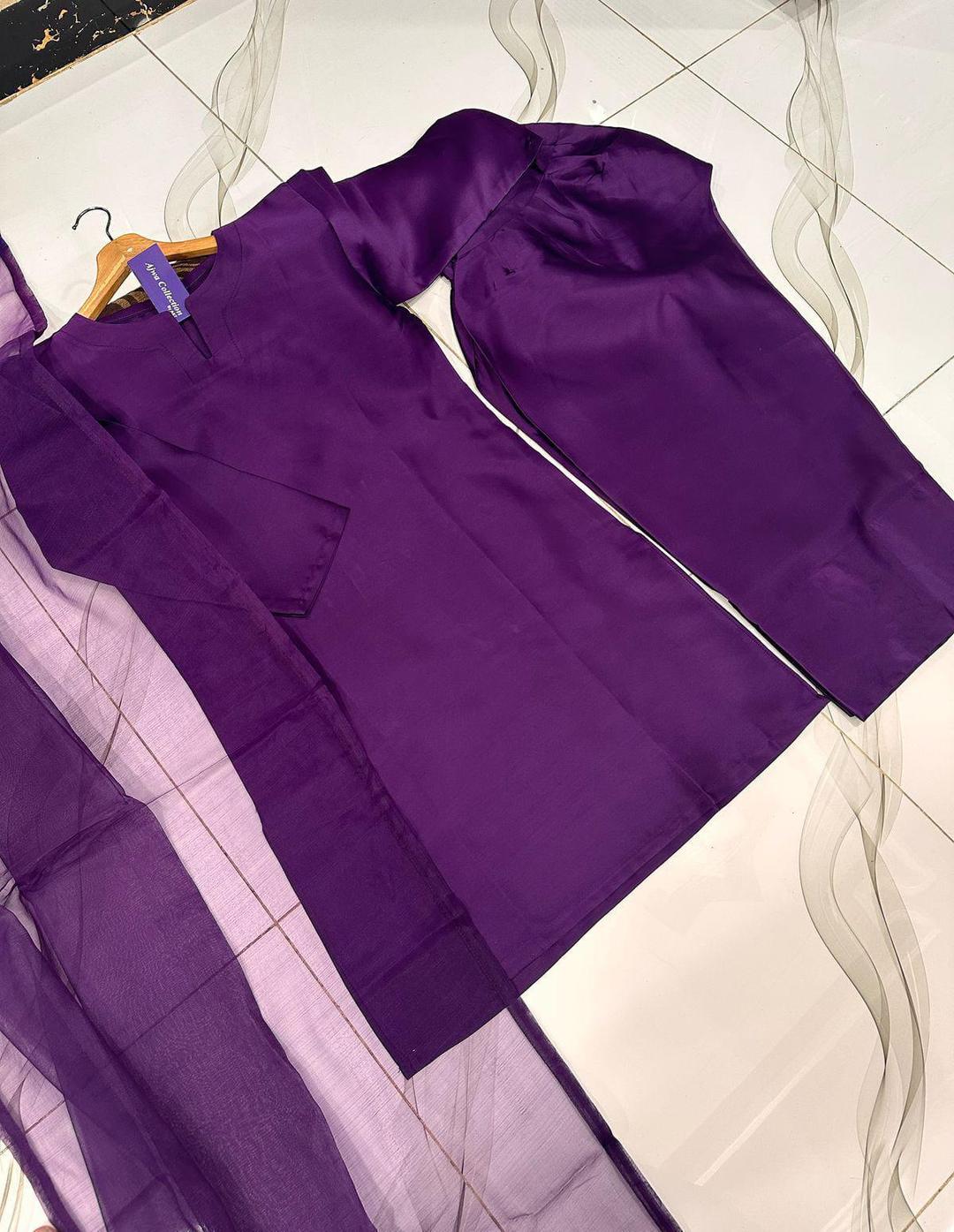 3 Pcs Women's Stitched Silk Plain Suit.